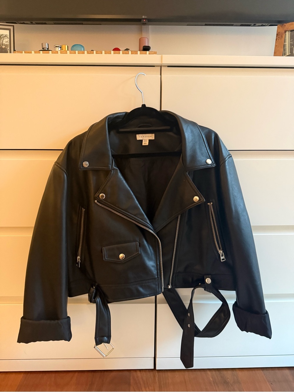 Topshop Black Faux Leather Cropped Biker Jacket - Picture 8 of 8
